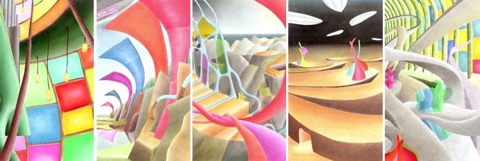 Five colorful drawings of scenes from the Gray Cloth. 